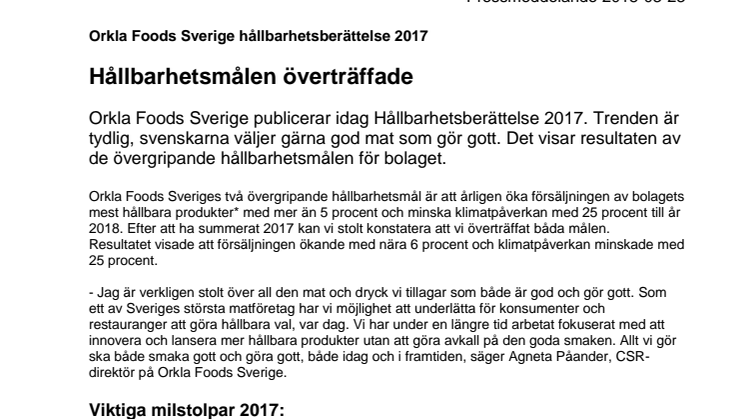 Orkla Foods Sveriges Hållbarhetsberättelse 2017