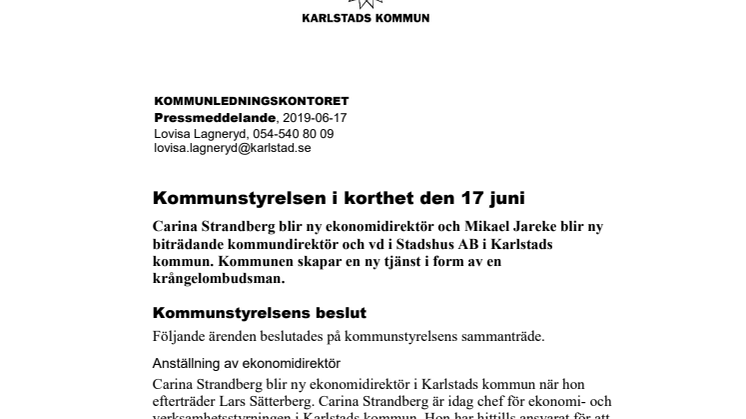 Kommunstyrelsen i korthet den 17 juni