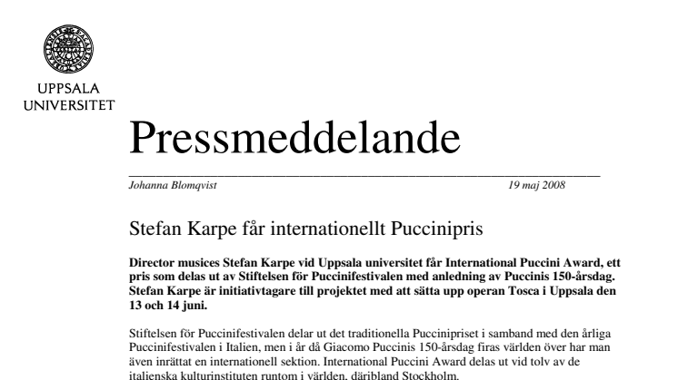 Stefan Karpe får internationellt Puccinipris