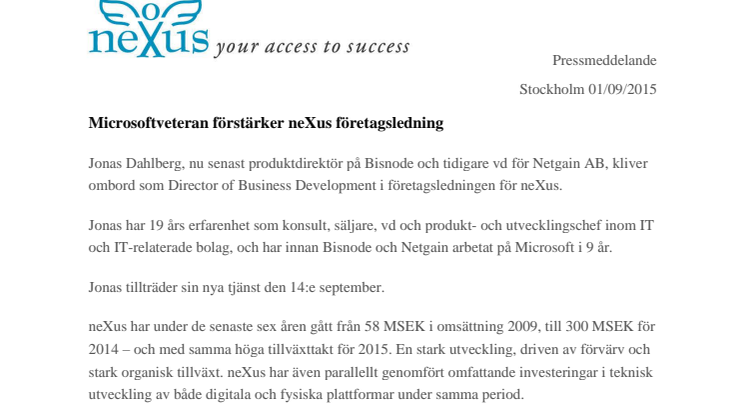 Microsoftveteran förstärker neXus företagsledning