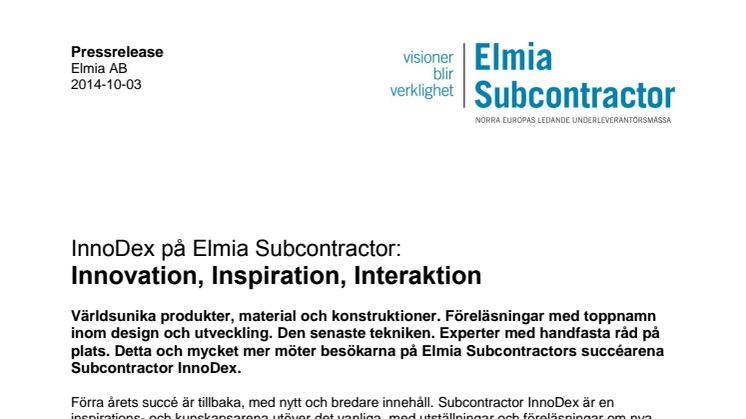 InnoDex på Elmia Subcontractor: Innovation, Inspiration, Interaktion