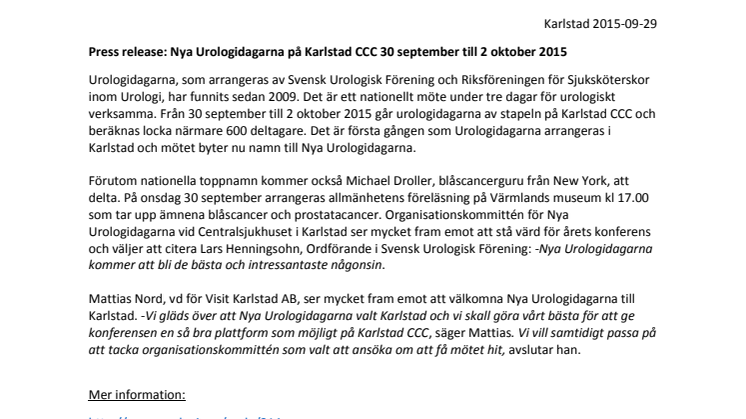 Nya Urologidagarna på Karlstad CCC 30 september till 2 oktober 2015