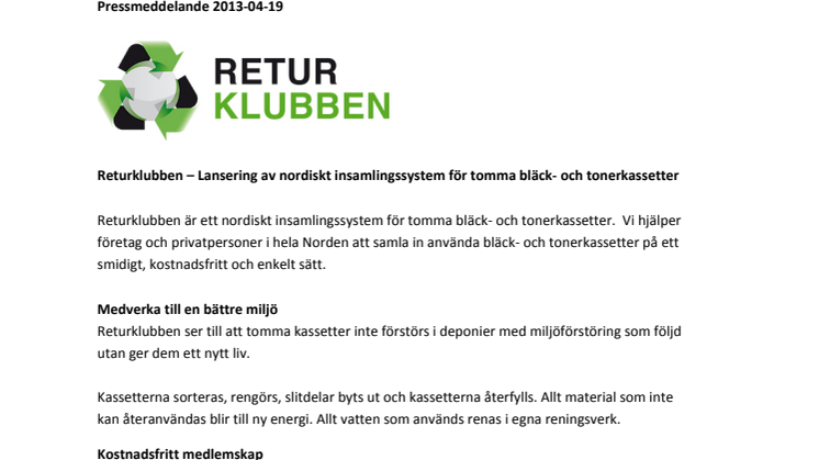 Returklubben – Lansering av nordiskt insamlingssystem för tomma bläck- och tonerkassetter
