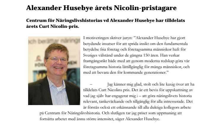 Alexander Husebye årets Nicolin-pristagare