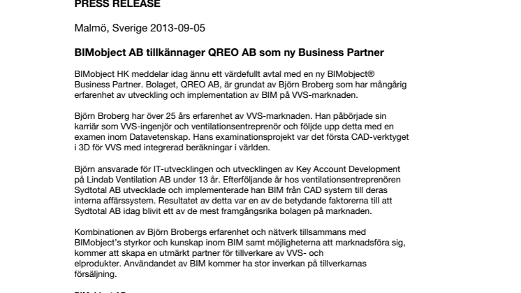 BIMobject AB tillkännager QREO AB som ny Business Partner