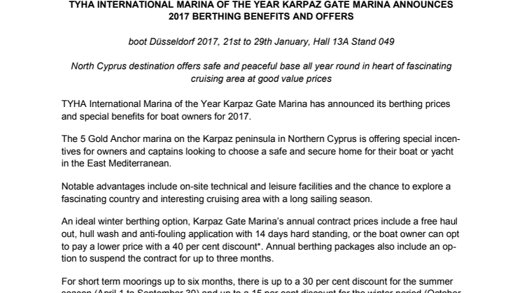 boot Düsseldorf - Karpaz Gate Marina: TYHA International Marina of the Year Karpaz Gate Marina Announces 2017 Berthing Benefits and Offers