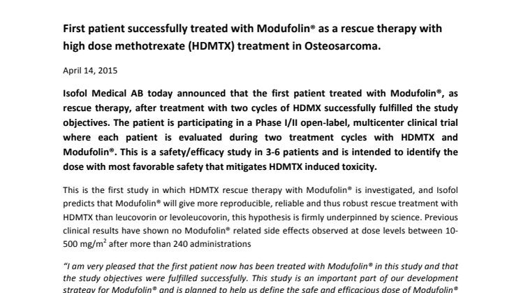 First patient successfully treated with Modufolin® as a rescue therapy with high dose methotrexate (HDMTX) treatment in Osteosarcoma. 