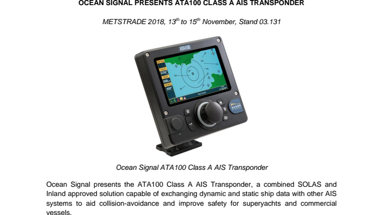 Ocean Signal Presents ATA100 Class A AIS Transponder