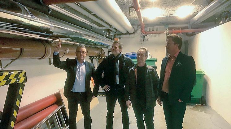 Från vänster: Mats Eriksson, VD på EFFAB med Dan Sellgren, specialist VVS-installationer, Torbjörn Backlund, teknisk förvaltare och beställare, samt Lennart Lifenhjelm, chef teknikstöd från Vasakronan.