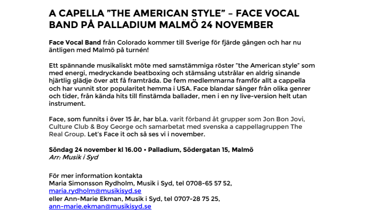 A capella ”the American style” – Face Vocal Band på Palladium Malmö 24 november