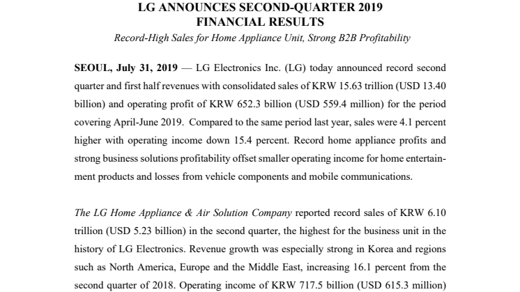 LG ANNOUNCES SECOND-QUARTER 2019  FINANCIAL RESULTS 