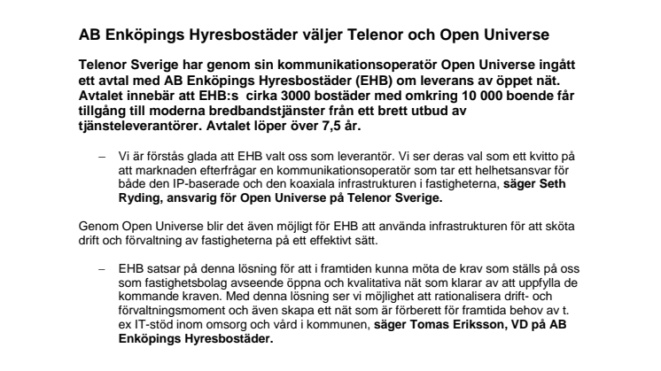 AB Enköpings Hyresbostäder väljer Telenor och Open Universe