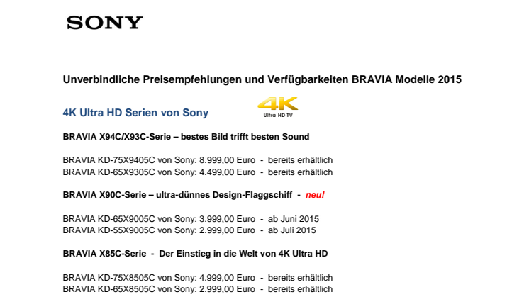 Sony BRAVIA 2015_Preise und Verfügbarkeiten