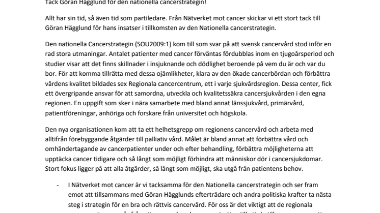 Nätverket mot cancer tackar Göran Hägglund för den nationella cancerstrategin!