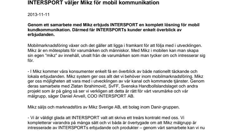 INTERSPORT väljer Mikz för mobil kommunikation