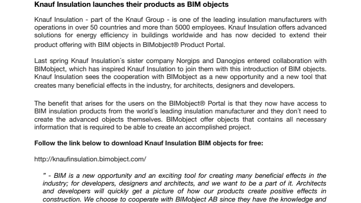 Knauf Insulation launches their products as BIM objects