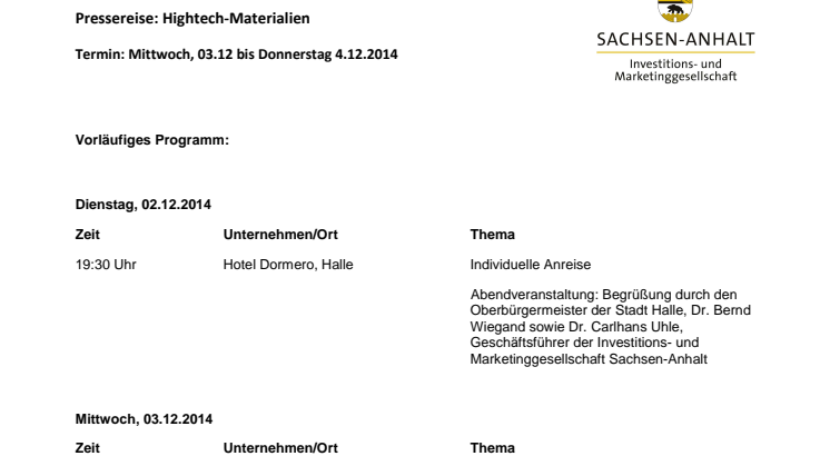 Einladung an die Medienvertreter zur Pressereise "Hightech- Materialien aus Sachsen-Anhalt"