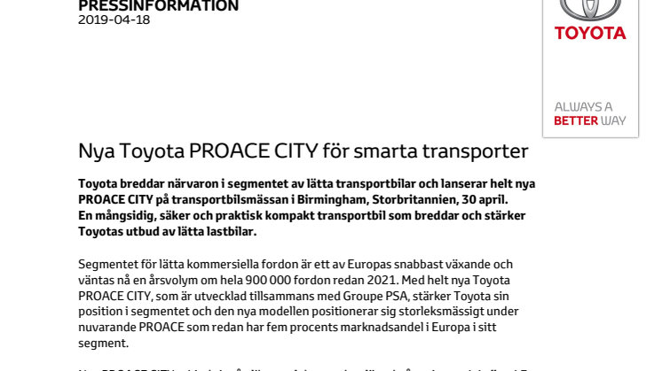 Nya Toyota PROACE CITY för smarta transporter