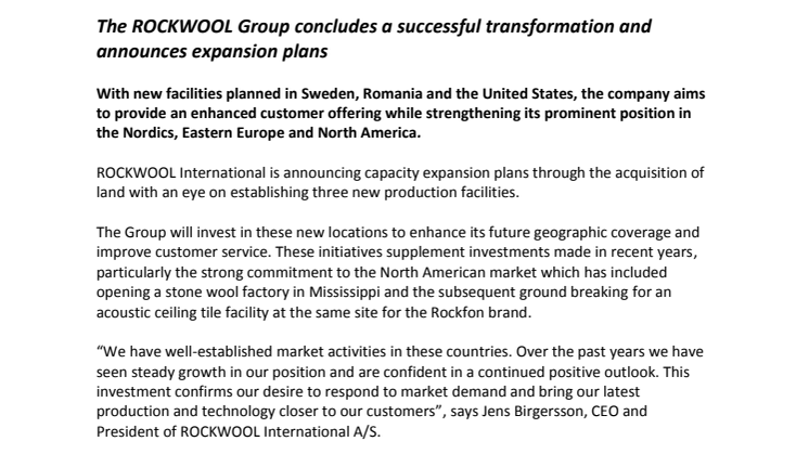 The ROCKWOOL Group concludes a successful transformation and announces expansion plans