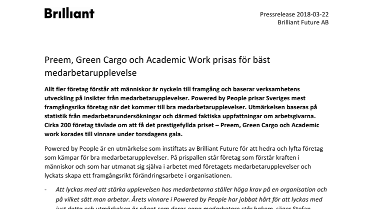 Preem, Green Cargo och Academic Work prisas för bäst medarbetarupplevelse