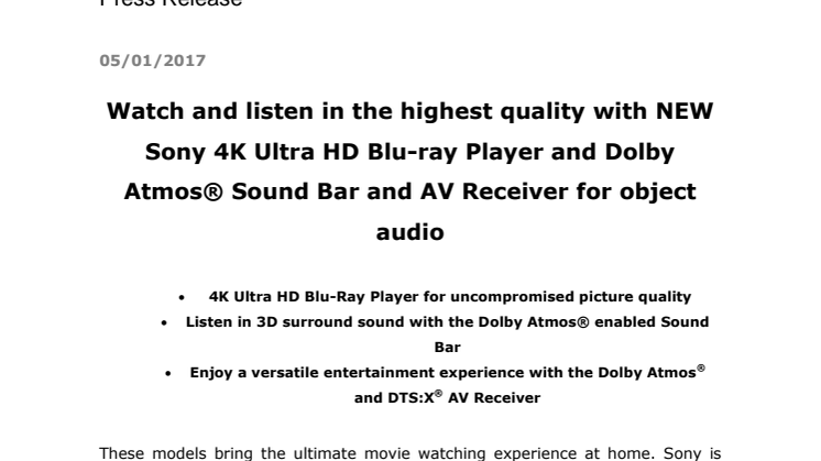 Sony lanserar 4K Ultra HD Blu-ray-spelare, Dolby Atmos-soundbar och AV-receiver för objekt ljud