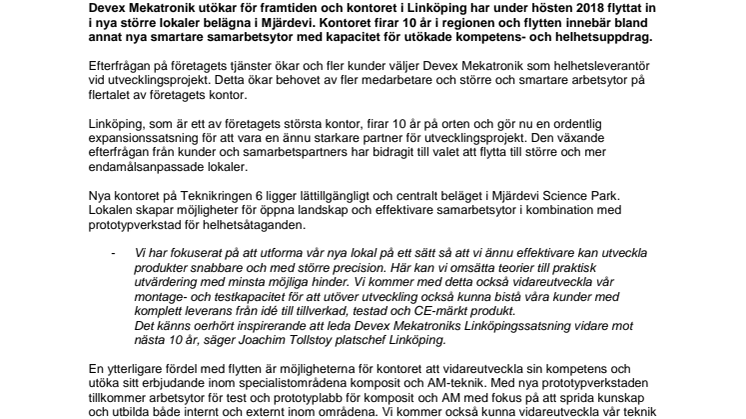 Nya framtidslokaler för Devex Mekatronik i Linköping