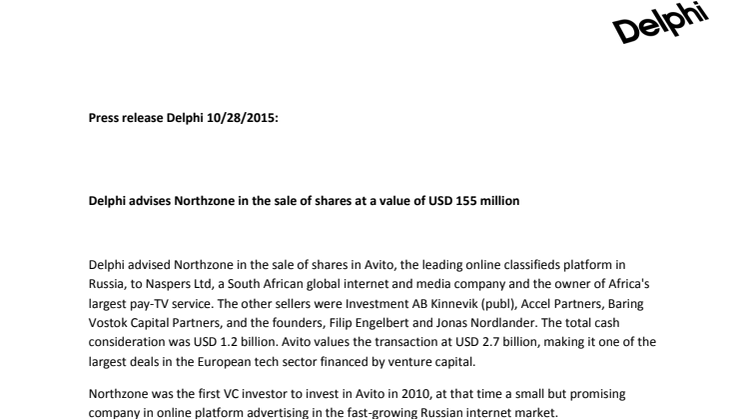 Delphi advises Northzone in the sale of shares at a value of USD 155 million