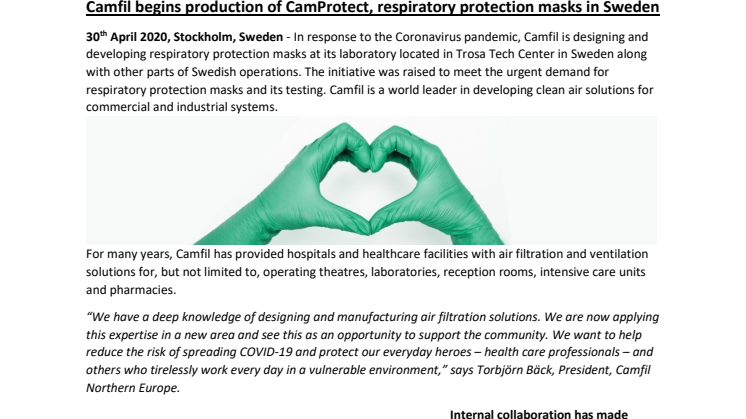 Camfil begins production of CamProtect, respiratory protection masks in Sweden