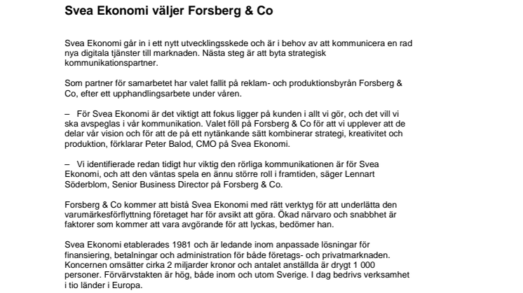 Svea Ekonomi väljer Forsberg & Co