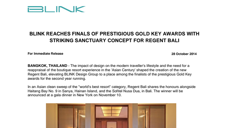 BLINK REACHES FINALS OF PRESTIGIOUS GOLD KEY AWARDS WITH STRIKING SANCTUARY CONCEPT FOR REGENT BALI