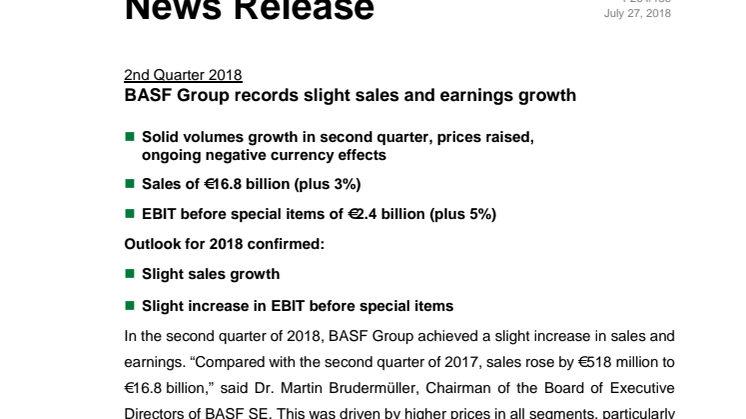 BASF Group præsenterer let vækst i omsætning og indtjening