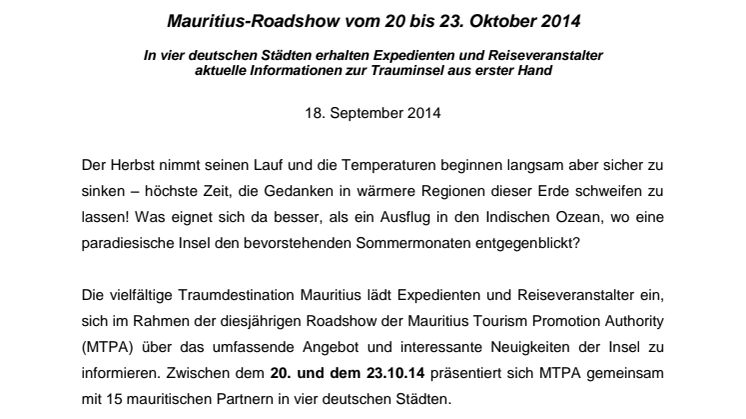 Mauritius-Roadshow vom 20 bis 23. Oktober 2014