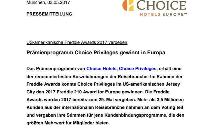 Prämienprogramm Choice Privileges gewinnt in Europa