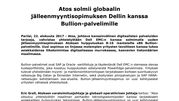 Atos solmii globaalin jälleenmyyntisopimuksen Dellin kanssa Bullion-palvelimille 