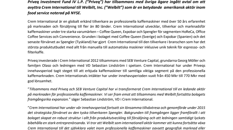 Crem International fortsätter sin expansion med Welbilt som nya ägare