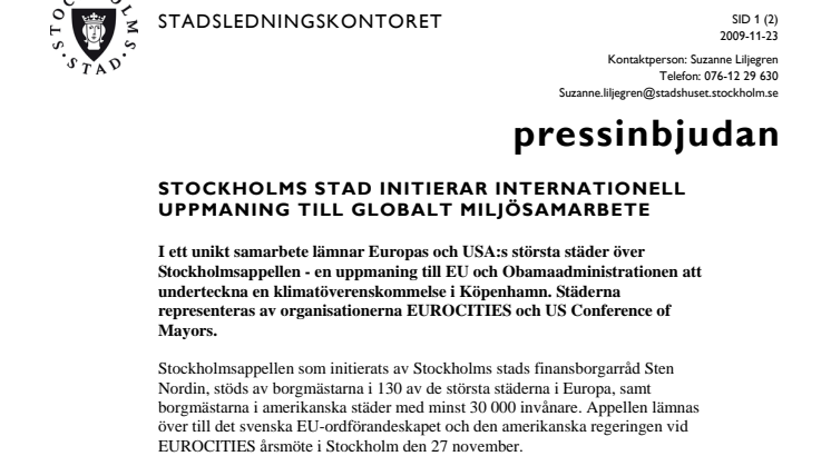 Pressinbjudan: Stockholms stad initierar internationell uppmaning till globalt miljösamarbete