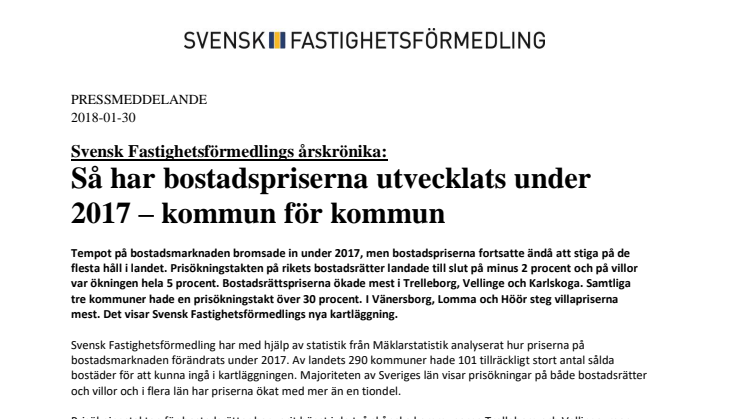 Svensk Fastighetsförmedlings årskrönika: Så har bostadspriserna utvecklats under  2017 – kommun för kommun