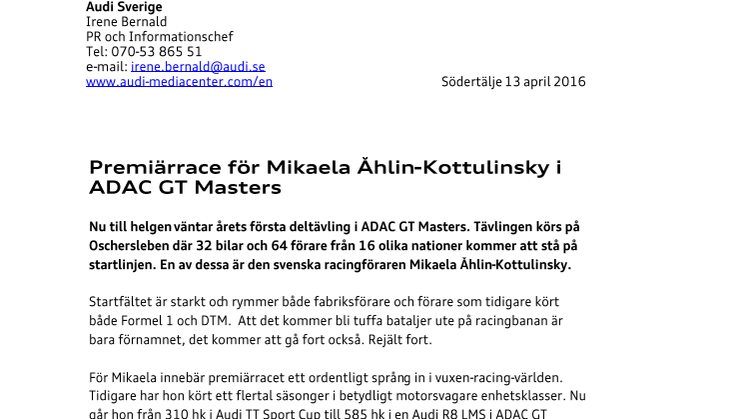 Premiärrace för Mikaela Åhlin-Kottulinsky i ADAC GT Masters