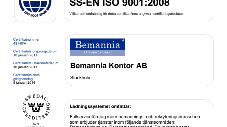Certifikat ISO 9001:2008 Bemannia Kontor AB