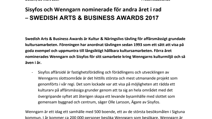Sisyfos och Wenngarn nominerade för andra året i rad  – SWEDISH ARTS & BUSINESS AWARDS 2017