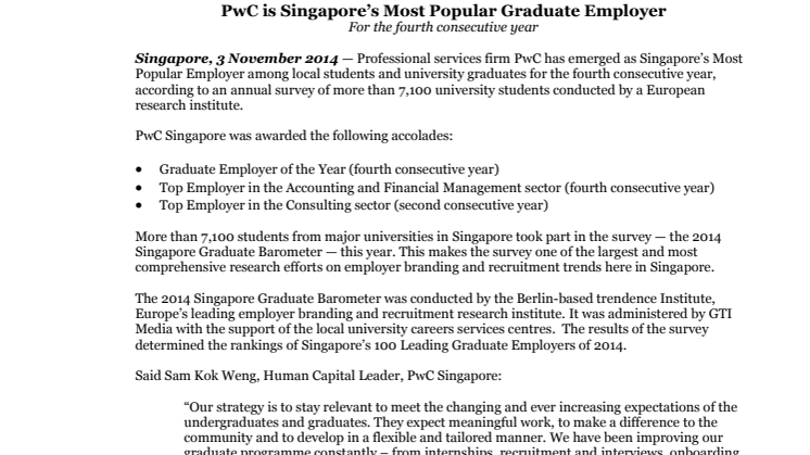 PwC is Singapore’s Most Popular Graduate Employer 