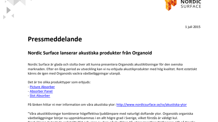 Nordic Surface lanserar akustiska produkter från Organoid