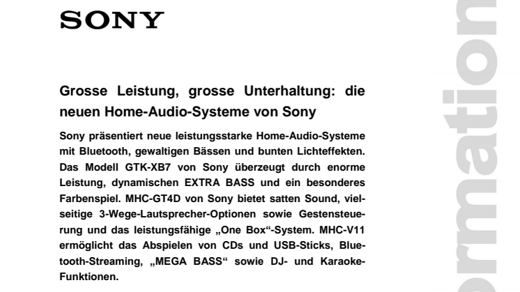 ​Grosse Leistung, grosse Unterhaltung: die neuen Home-Audio-Systeme von Sony