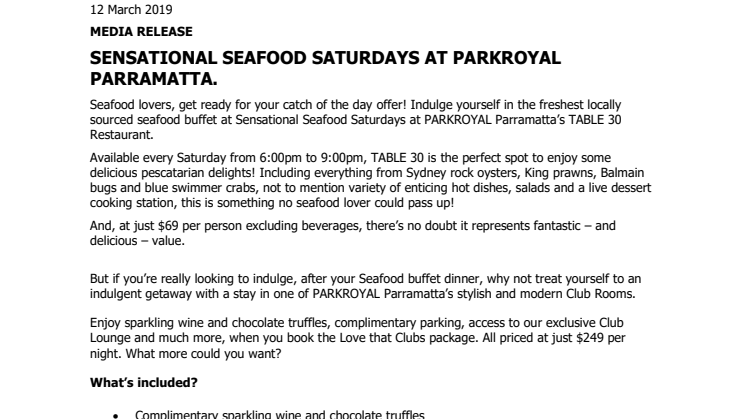 ​Sensational Seafood Saturdays at PARKROYAL Parramatta 