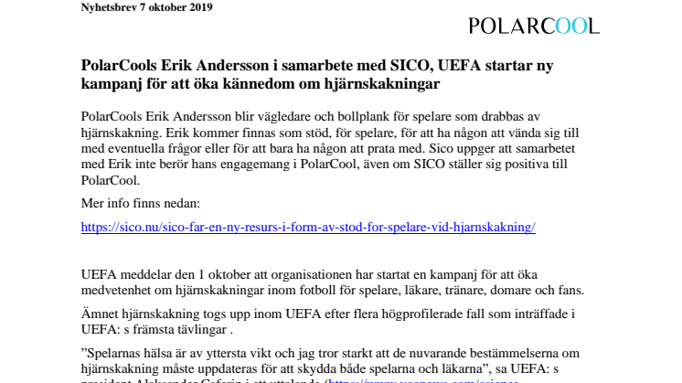PolarCools Erik Andersson i samarbete med SICO, UEFA startar ny kampanj för att öka kännedom om hjärnskakningar