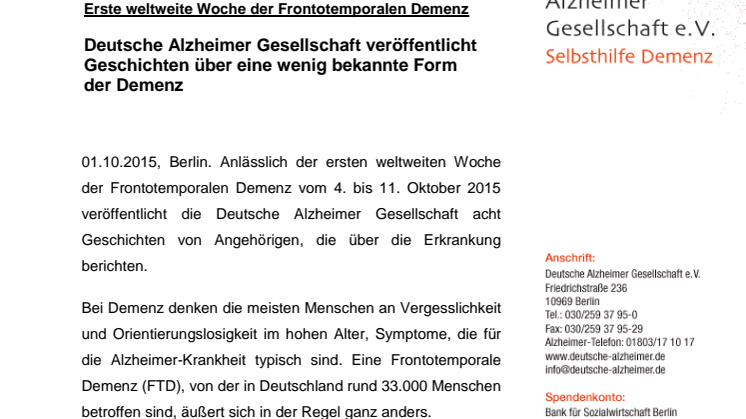 Erste weltweite Woche der Frontotemporalen Demenz - Deutsche Alzheimer Gesellschaft veröffentlicht Geschichten über eine wenig bekannte Form der Demenz