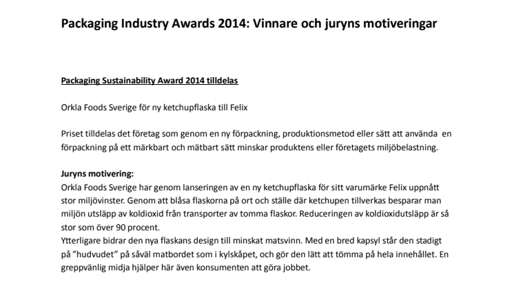 Packaging Industry Awards 2014 Juryns motivering