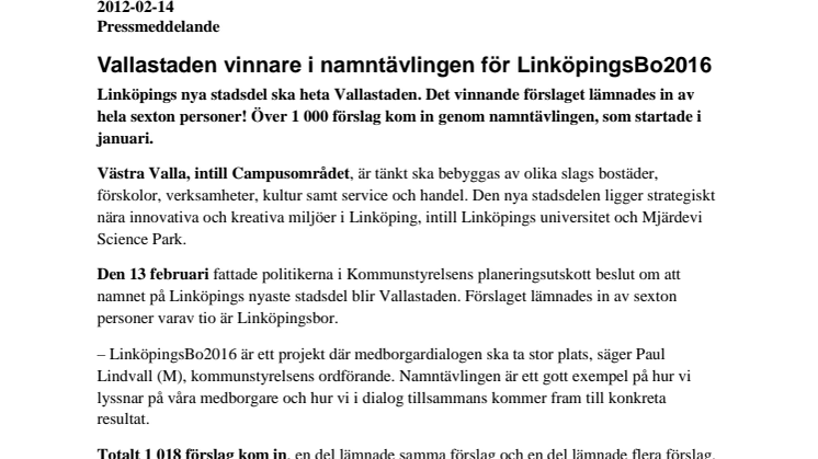 Vallastaden vinnare i namntävlingen för LinköpingsBo2016