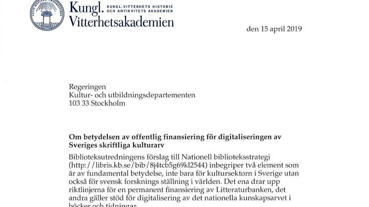 Brev till Sveriges regering om digitalisering av det skriftliga kulturarvet