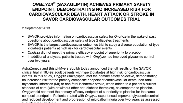 Onglyza® (saxagliptin) uppnår primärt säkerhetsmått, visar ingen ökad risk för kardiovaskulär död, hjärtattack eller stroke i den kardiovaskulära studien SAVOR 